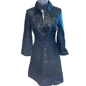 AMAZING VINTAGE Long Leather Jacket Black XS Y2K GRUNGE CYBER GOTH THE MATRIX